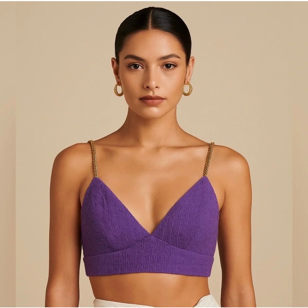 Maje Purple Tweed Lapraia Crop Top Gold Chain Straps MFPT00822 NEW